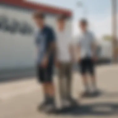 Group of friends wearing RVCA short sleeve button-ups during a skate session