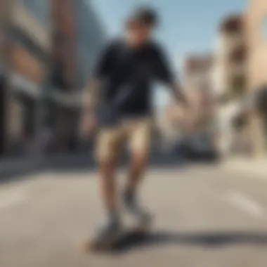 Stylish skateboarder wearing the RVCA short sleeve button-up in an urban setting