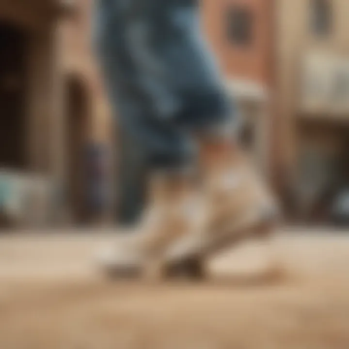 Skateboarder performing tricks wearing Converse shoes