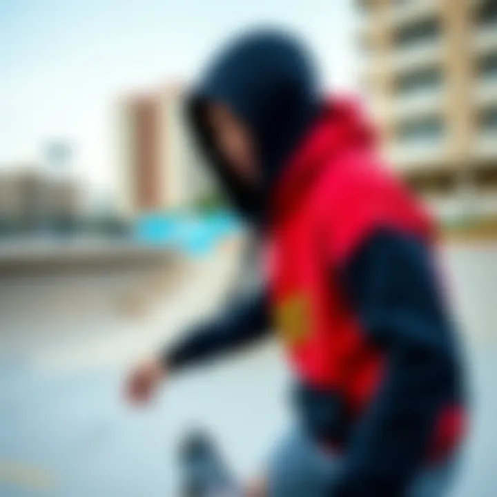 Skateboarder wearing Santa Cruz zip up hoodie in an urban skatepark