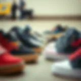 A collection of skateboard shoes showcasing different styles and designs.