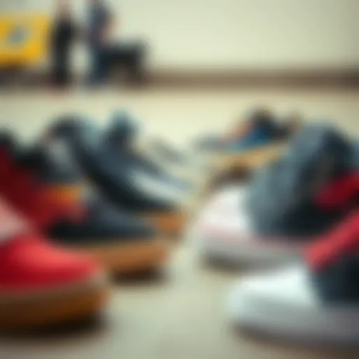 A collection of skateboard shoes showcasing different styles and designs.