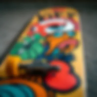 Artistic Expression on Skateboard Decks A close-up of a skateboard deck featuring unique art and graphics