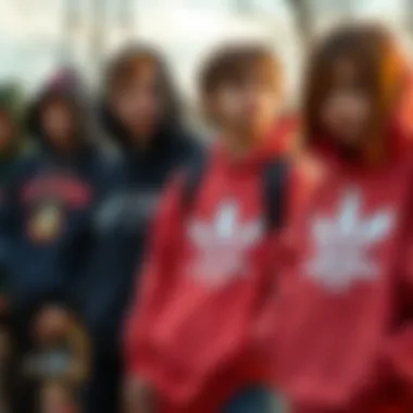 Juniors in Trendy Skate Apparel A group of juniors donning trendy skate apparel, illustrating the cultural impact of their clothing choices.