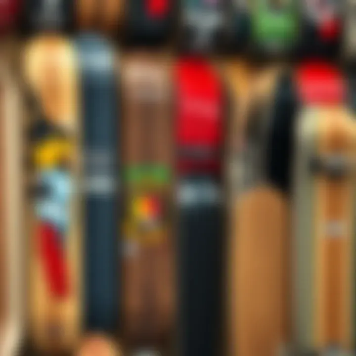 Variety of Skateboard Decks A diverse range of skateboard decks displayed on a wall