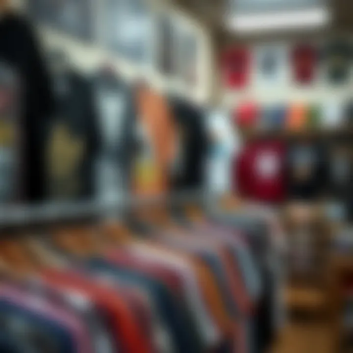 Diverse Collection of Graphic Tees in a Skate Shop A selection of graphic tees displayed in a local skate shop