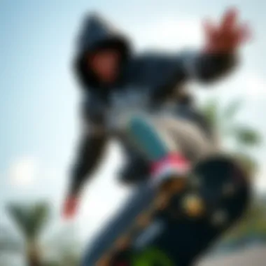 Stylish Hoodie in Action Skateboarder wearing a stylish hoodie while performing a trick