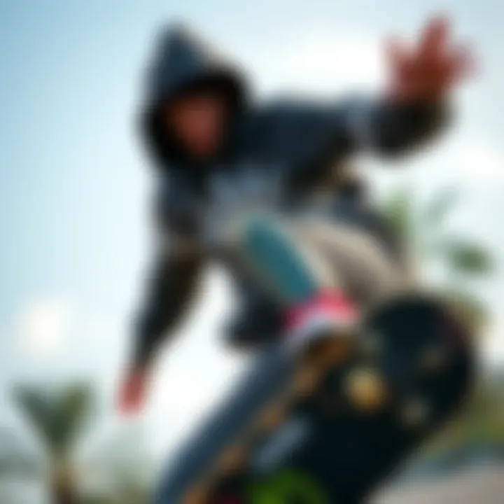 Stylish Hoodie in Action Skateboarder wearing a stylish hoodie while performing a trick