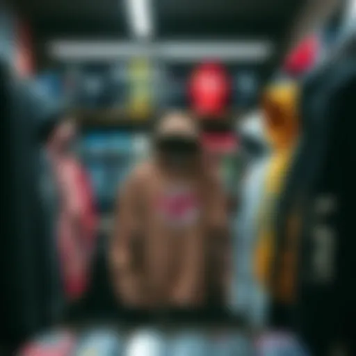 A collection of unique hoodies displayed in a boutique skate shop