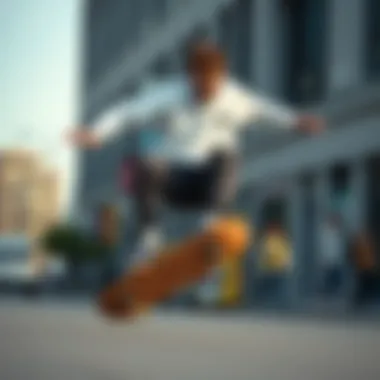 A skateboarder wearing a white Vans sweatshirt performing a trick in an urban setting