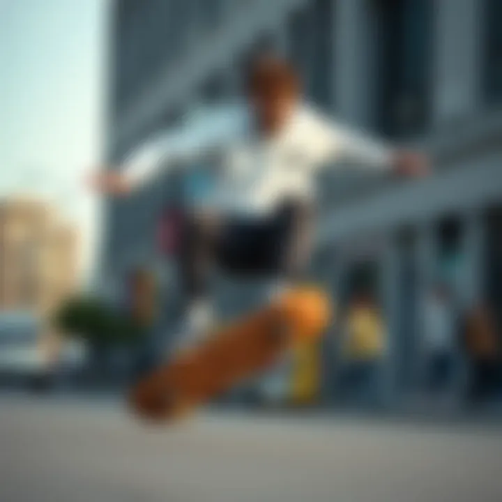 A skateboarder wearing a white Vans sweatshirt performing a trick in an urban setting