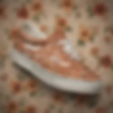 Close-up of the fabric texture of tan floral Vans.