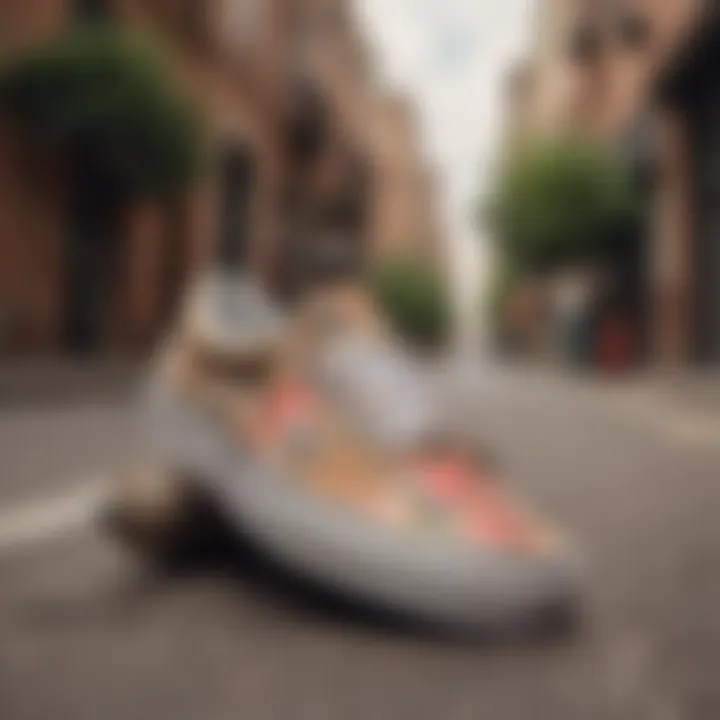 Tan floral Vans placed against a vibrant urban backdrop.