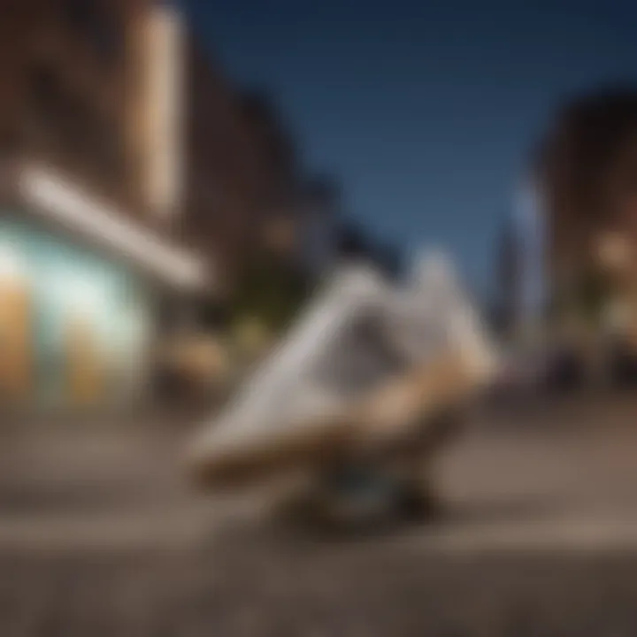 A pair of adidas Campus ADV shoes placed on a skateboard against an urban backdrop.