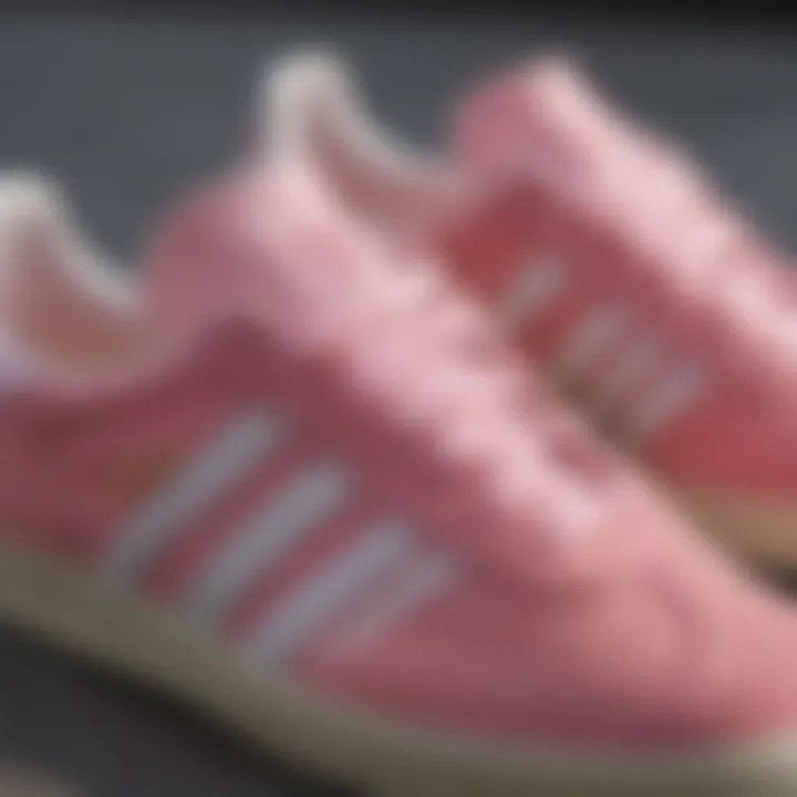 Close-up of Adidas Gazelle Pink showcasing its design details