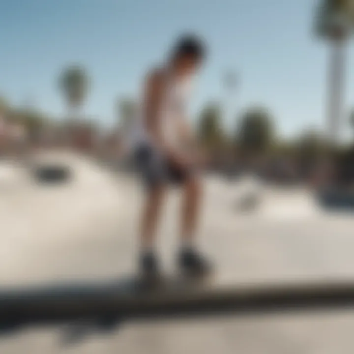 Group of skateboarders in various adidas sleeveless tanks at a skate park