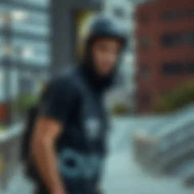 Skateboarder in Urban Setting with adidas Utility Vest Skateboarder wearing the adidas Utility Vest in an urban skate park setting.