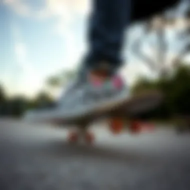 Skate Culture in Action: Floral Checkerboard in Motion Skateboarder performing tricks with Vans floral checkerboard shoes