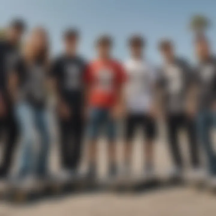 A group of skateboarders wearing various graphic skull tees reflecting diverse styles.