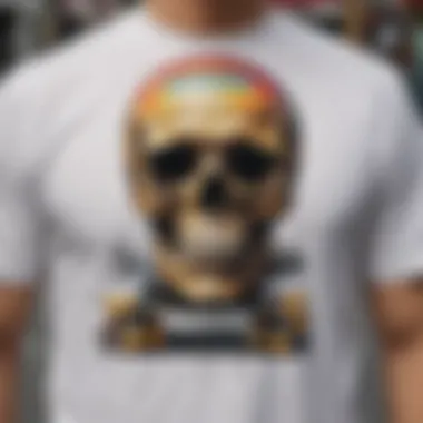 A vibrant graphic skull tee worn by a skateboarder showcasing bold designs.