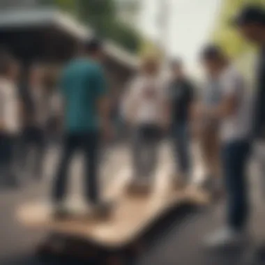 Group of skateboarders engaging in discussion around Alien Workshop boards