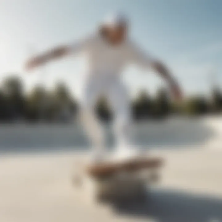 A skateboarder in an all-white Nike outfit performing tricks at a skate park.