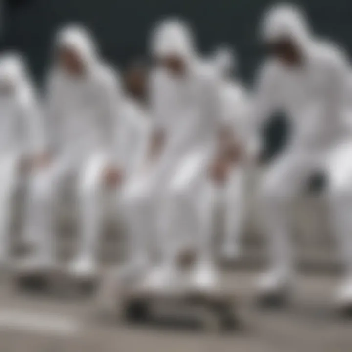 A group of skateboarders in an urban setting, all sporting all-white Nike outfits.