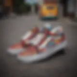 A vibrant display of multi-color checkered Vans shoes on a skateboard