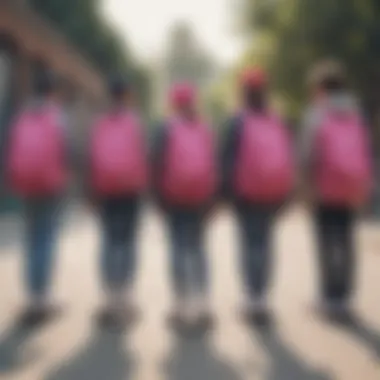 Group of friends showcasing their pink Champion backpacks in a skate park