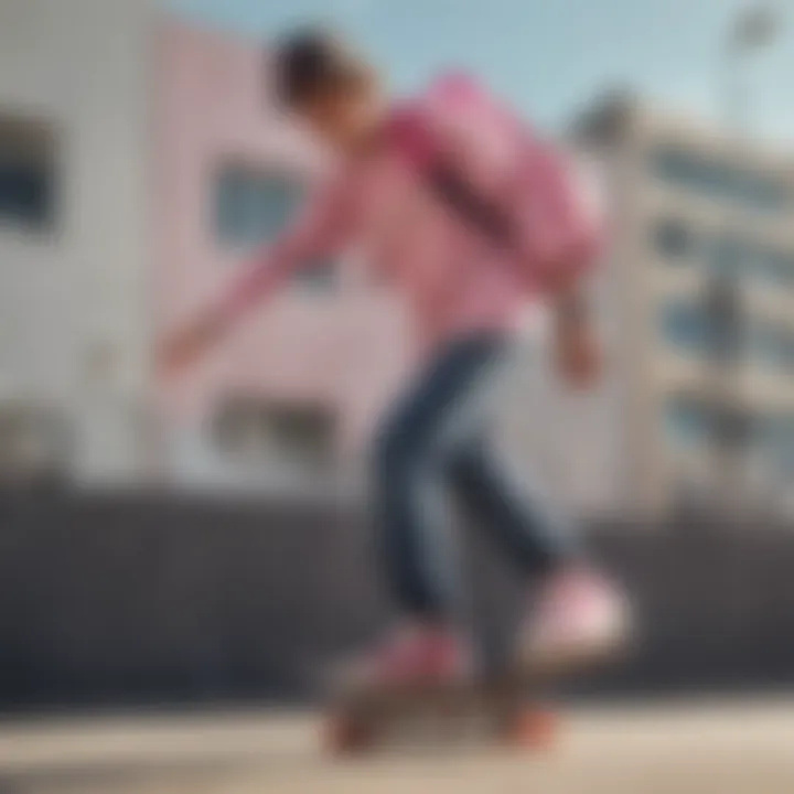 Skateboarder carrying a pink Champion backpack while performing a trick