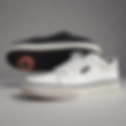 Close-up of a white shoe with a black sole on a skateboard