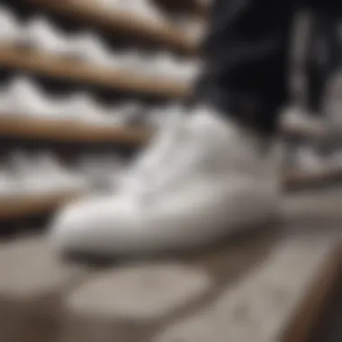 Diverse Styles of White Shoes with Black Soles Collection of white shoes with black soles displayed in a skate shop