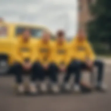 Group of skateboarders wearing the yellow Vans sweatshirt