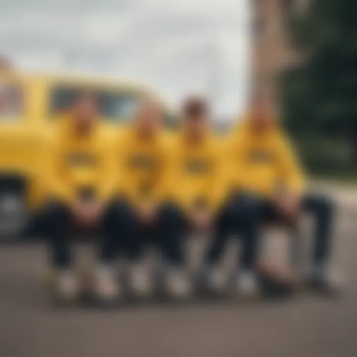 Group of skateboarders wearing the yellow Vans sweatshirt