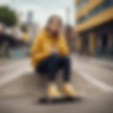 Urban Scene with Yellow Vans Sweatshirt Yellow Vans sweatshirt showcased in an urban skate park