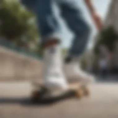 Skateboarder performing a trick wearing white shoes with black soles