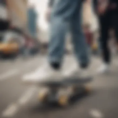 Street scene featuring skateboarders showcasing their gear, including white shoes