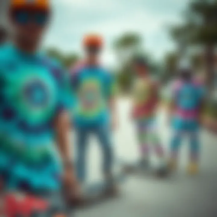 A group of skateboarders expressing their unique styles through tie-dye fashion.