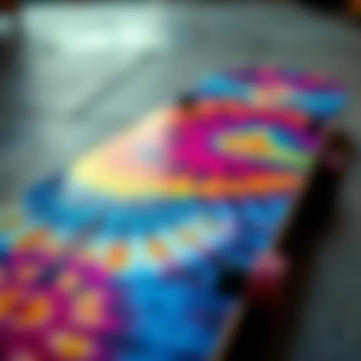 A vibrant tie-dye skateboard deck showcasing intricate patterns.