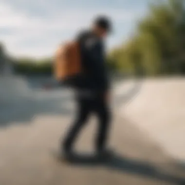 Skateboarder wearing the Carhartt Black Essential Backpack while riding