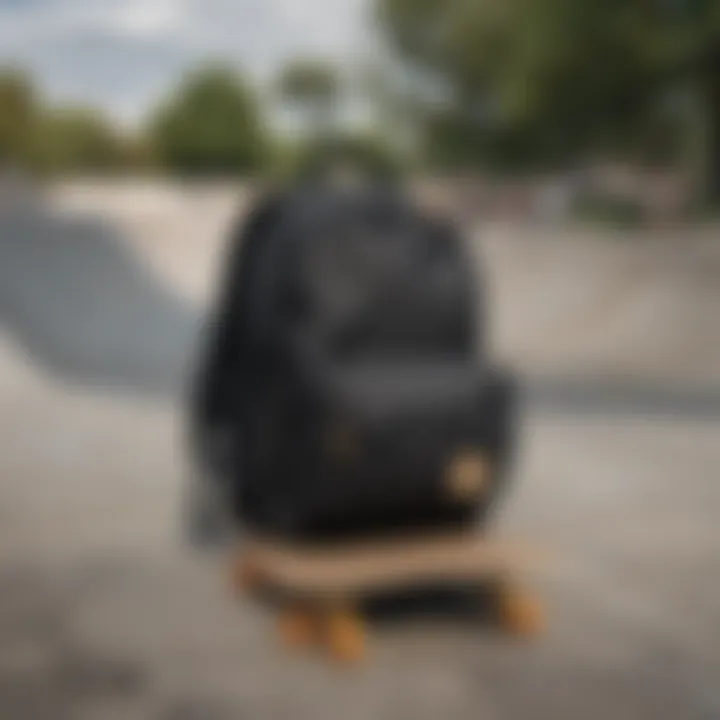 Carhartt Black Essential Backpack displayed in an urban skate park setting