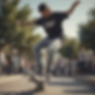 Skateboarder wearing a Champion long tee while performing a trick