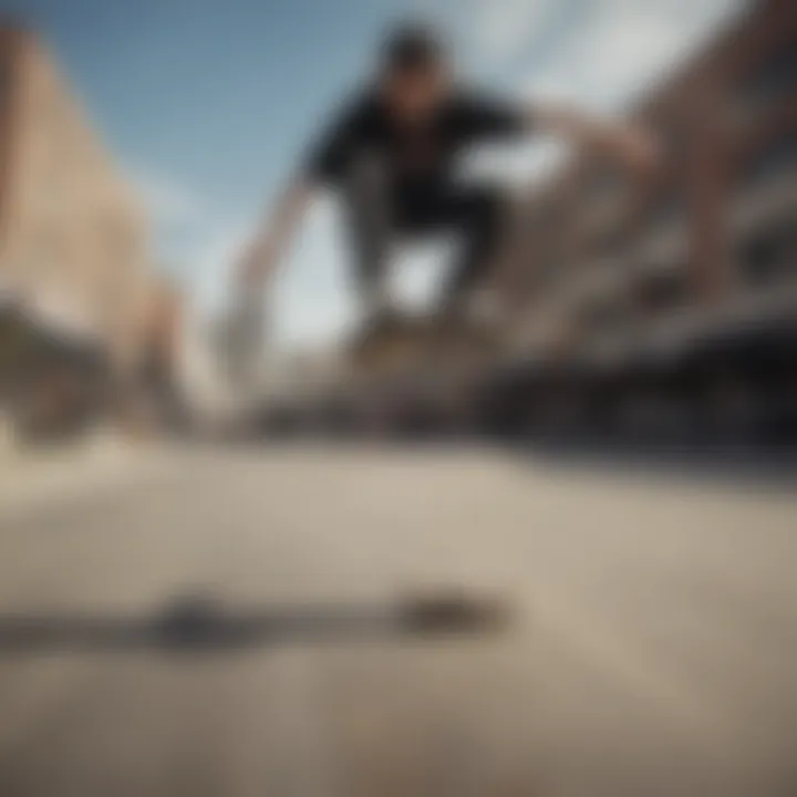 A close-up of a skateboarder performing a trick in an urban setting