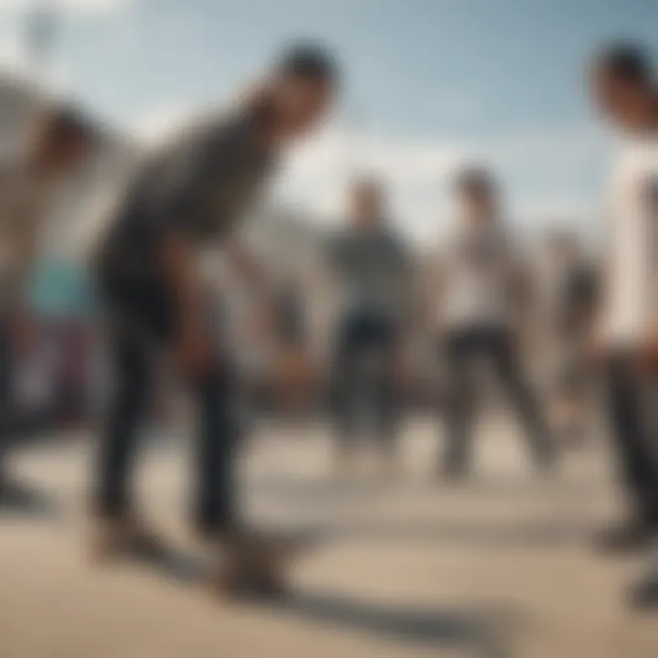 A group of skateboarders interacting and sharing ideas at a skate park