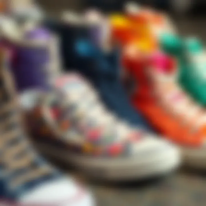 A vibrant collection of Converse high-tops in various colors and patterns