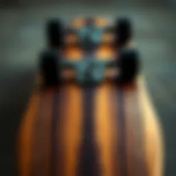 Detailed view of a drop deck longboard showcasing the unique deck profile.