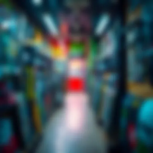 A vibrant interior of a discount skate shop displaying a range of skateboards and accessories.