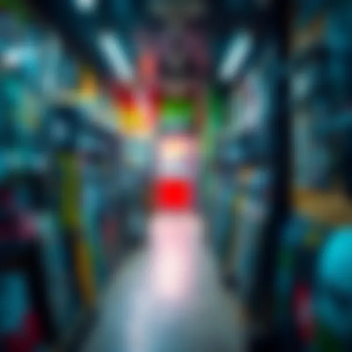 Inside a Discount Skate Shop: A Hub of Affordable Gear A vibrant interior of a discount skate shop displaying a range of skateboards and accessories.