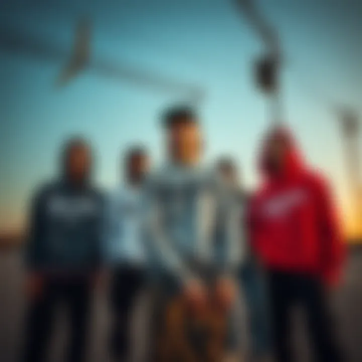 Community and Style Representation A stylish group of skateboarders wearing The Hundreds sweatshirts, representing community and style.