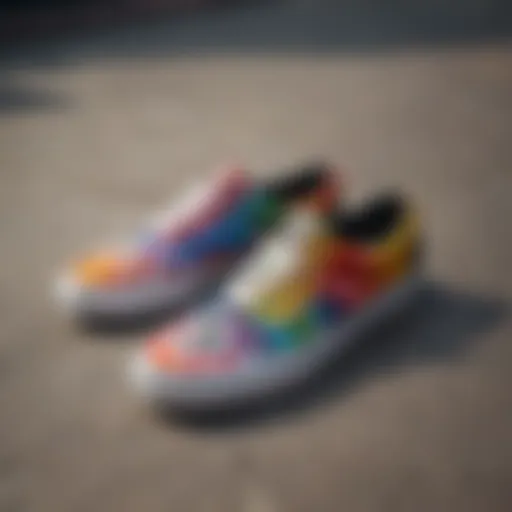 Vans rainbow checkered shoes on a skateboard